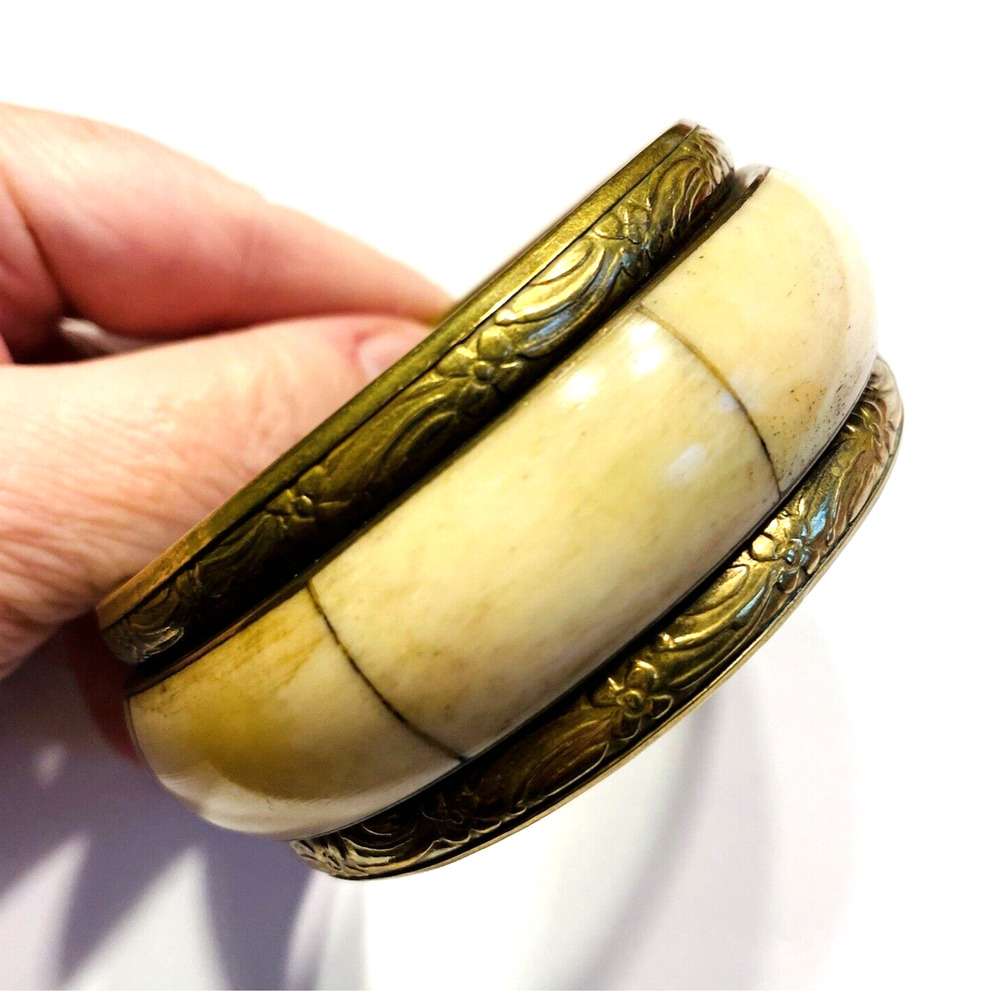 Vintage Bangle Bracelet Embossed Brass & Faux Bone Panel Inlay Tribal Boho Chic